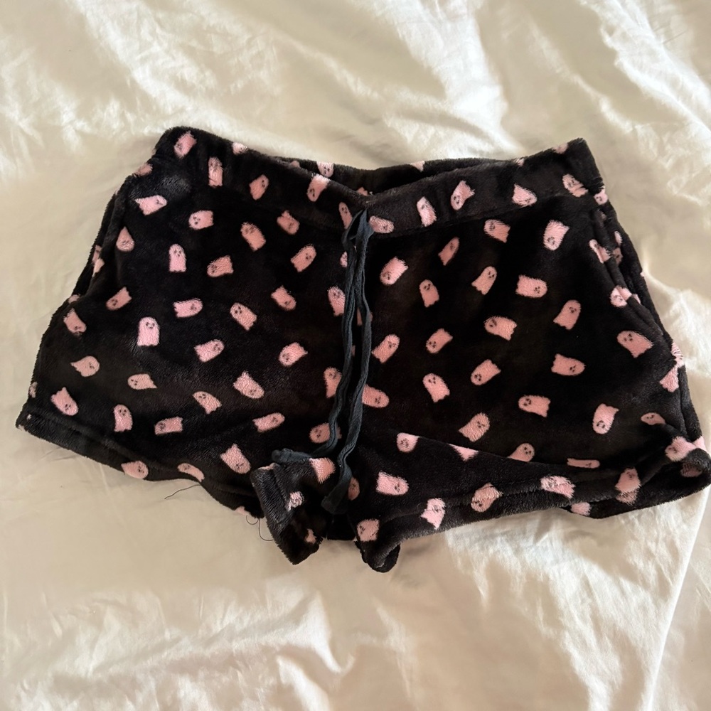 Black Fuzzy Lounge Shorts with Pink Ghost Print